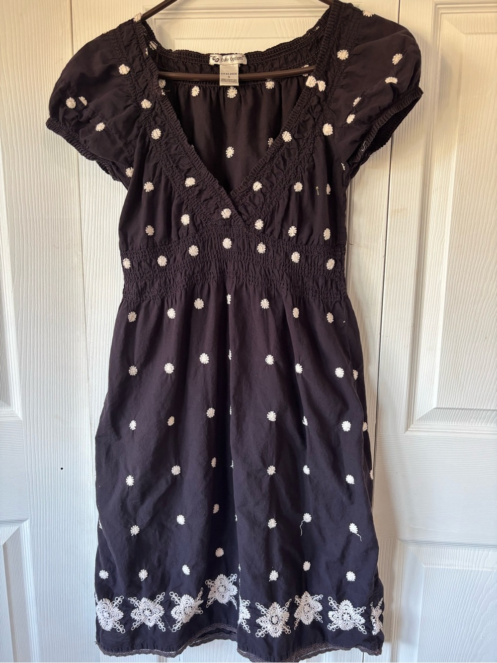 Women’s Black Midi Dress with White Embroidery 100% Cotton Small